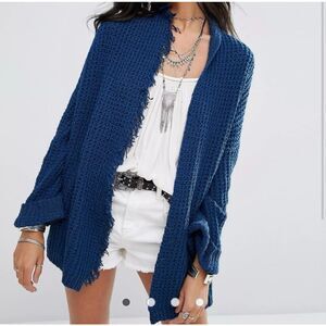 Free People Silk Fringe Trim Cardigan Sweater Sapphire Size Small